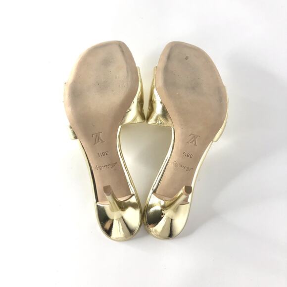 Louis Vuitton Revival Monogram Emboss Gold Leather Heeled Mules Sandals 38.5 - Picture 8 of 11